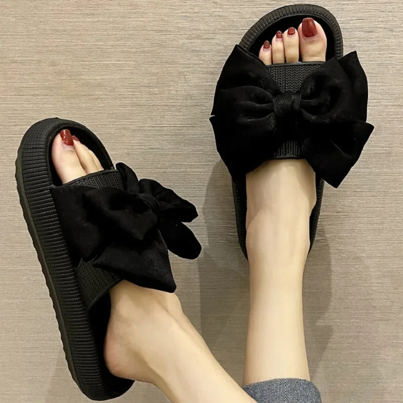 Women\'s Summer Home Non-Slip Thick Soled High Heels Treading Sandal Slippers 2024 New Fashionable Outerwear Bow Slippers