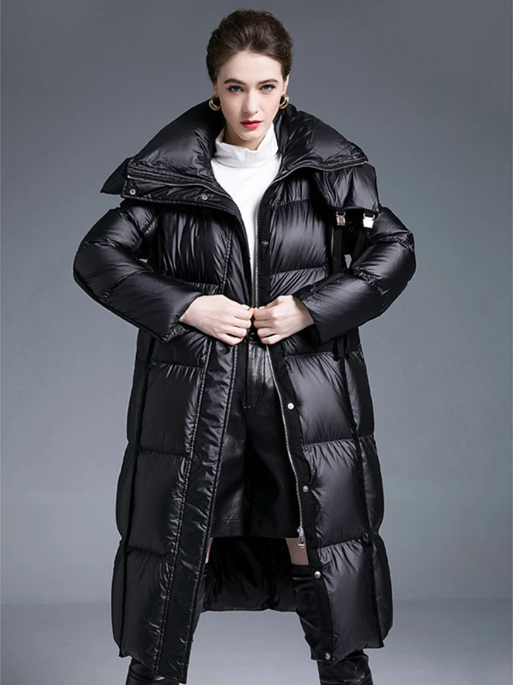 Winter New 90 White Duck Down Down Jacket Thickened Loose Warm Jacket Hooded Long Section Parka Fashion Glossy Slim Women\'s Coat