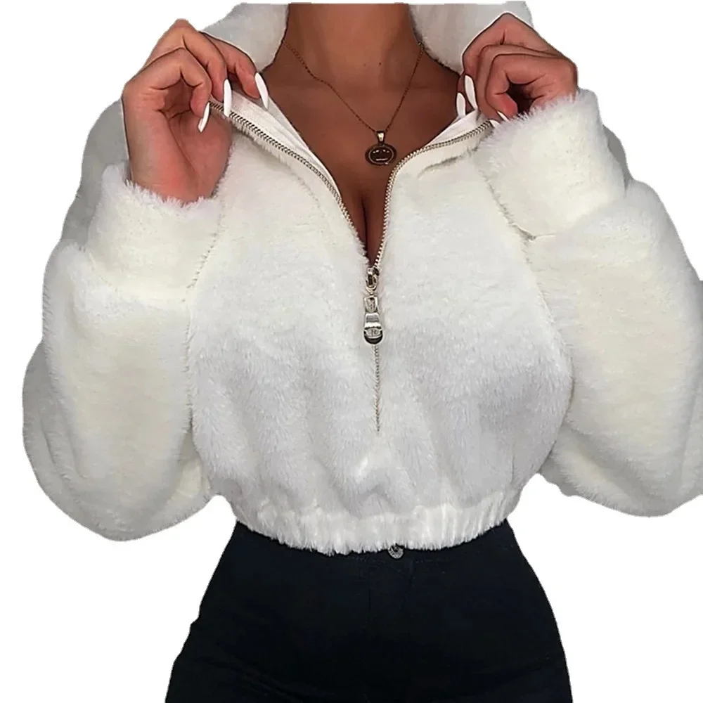 Y2K cálida-Sudadera de felpa para mujer, jersey de manga larga, Jersey suelto, prendas de vestir, Tops peludos blancos, sudaderas con capucha de cuello alto con cremallera