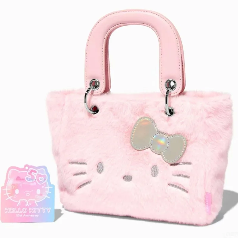 New Sanrio Hello Kitty 50th Anniversary Pink Plush Soft Tote Bag Cute Kitty Women\'s Plush Fuzzy Handle Bag