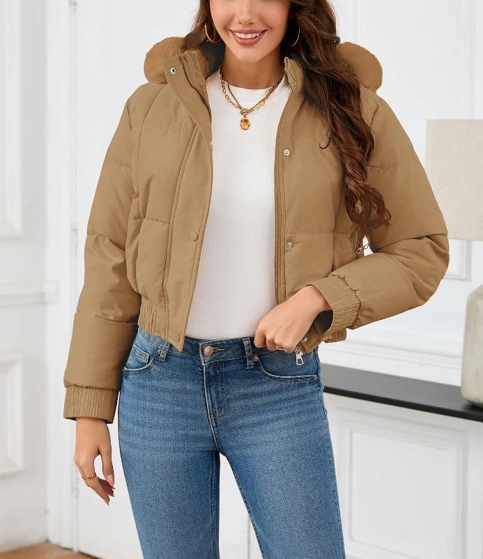 

Fashionable Autumn and Winter Short Slim Fit High Waisted Cotton Jacket with Casual Thick Fur Collar and Plush Cotton Jacket