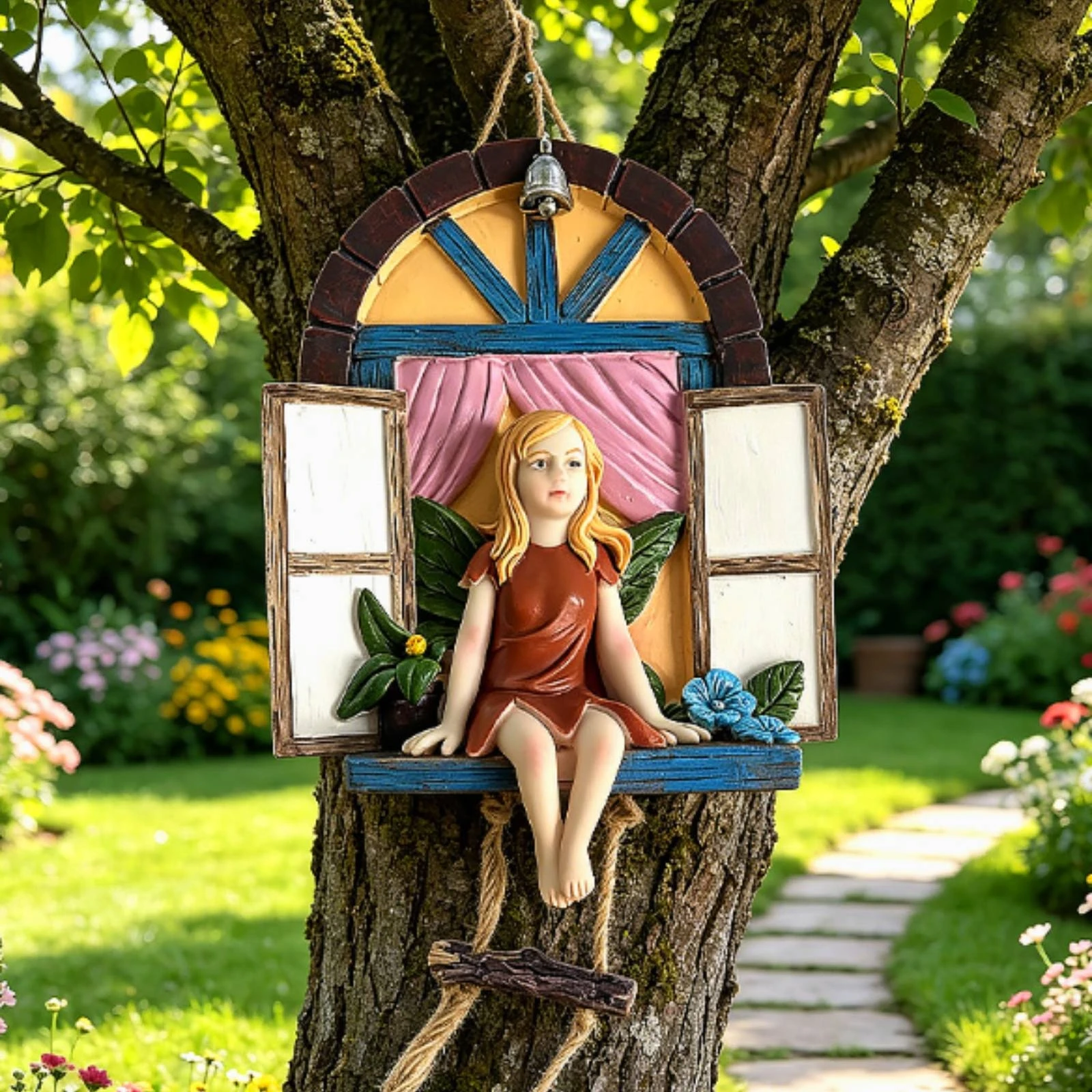 Fairy Window Ornament Outdoor Fairy Window with Shutters Garden Statue Weather-Resistant Wall Plaque Resin for Tree Trunk, Fence