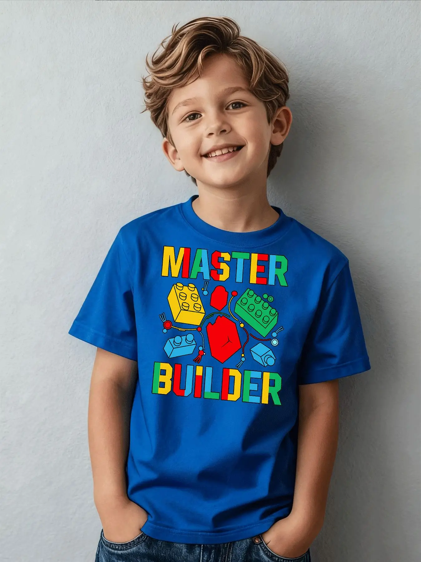 Children's Fashionable Short Sleeved Building Block Master Builder Printed Pattern Casual Top Personalized Parent-child Outfit