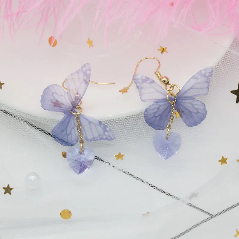 Korean Style Crystal Butterfly Ear Clip Earrings Fashion Fabric Purple Butterfly Clip on Earrings Without Piercing for Female