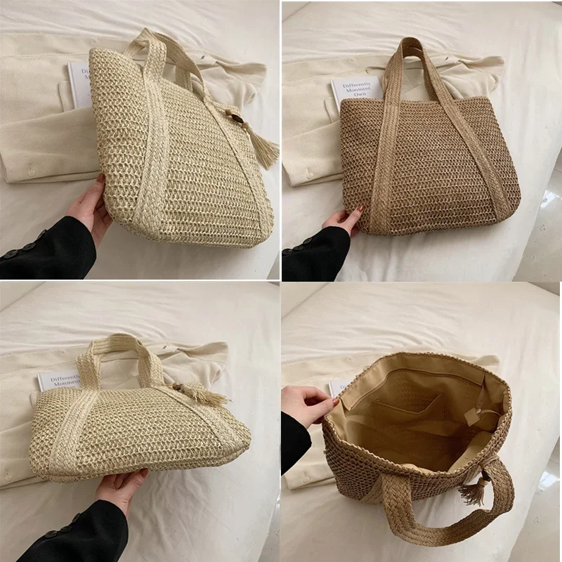 Large Capacity Weave Tote Summer Beach Straw Handbag Tassel Design Female Bohemian Shoulder Bag for Women 2023 Ladies Travel Bag