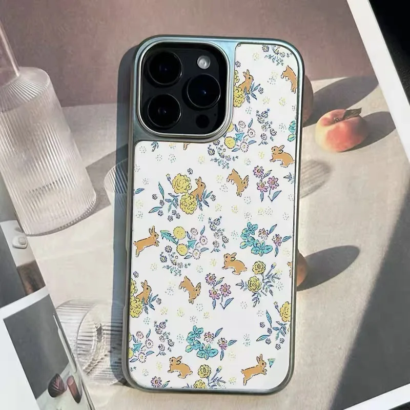 

Korean INS Electroplated Frame Artistic Flowers and Plants Rabbit Phone Case for IPhone 16 15 14 13 12 11Pro Max Back Cover Capa