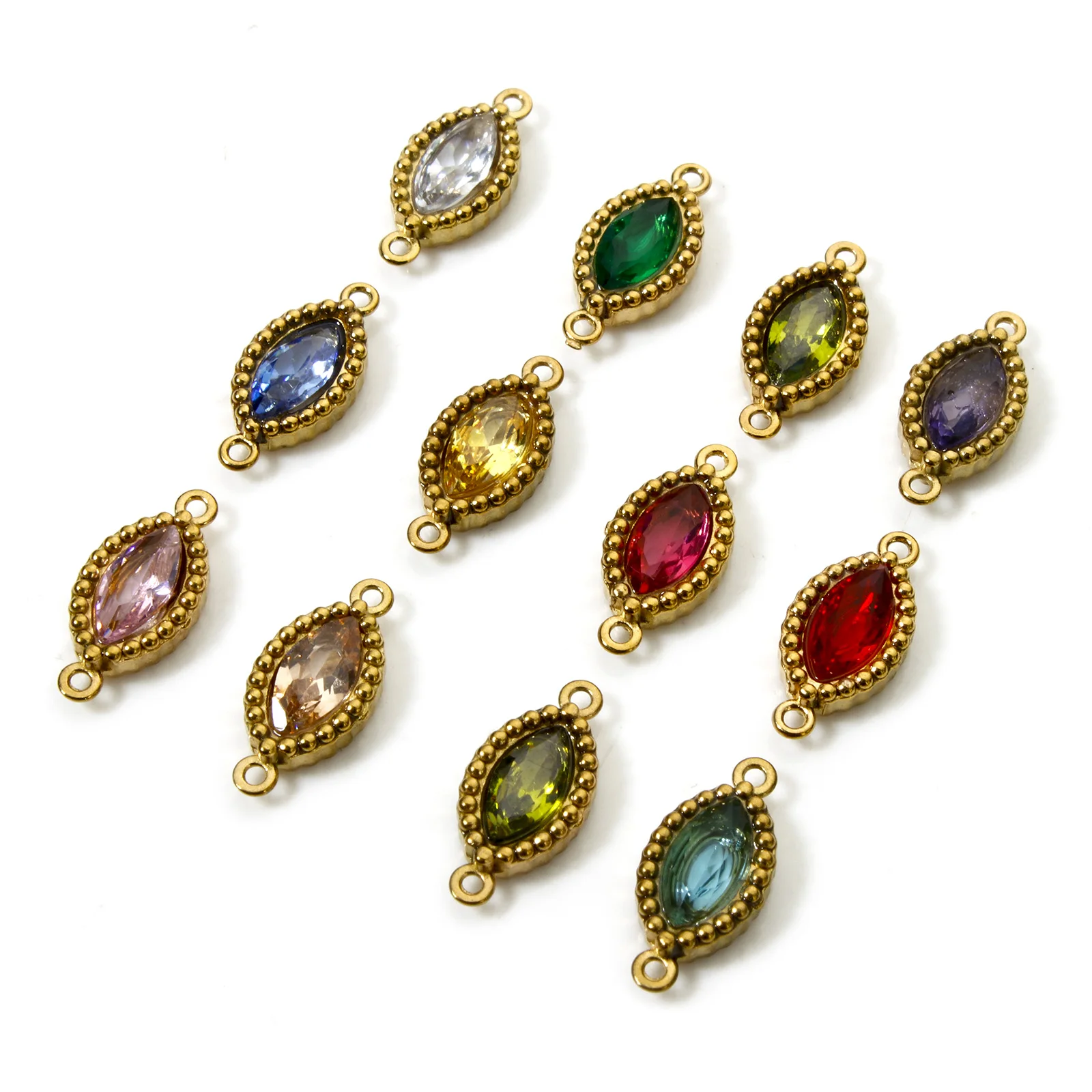 5 Stück neue Edelstahl-Anschlüsse, goldfarben, geometrisch, Marquise, mehrfarbig, Strass-Charms, DIY-Halskette, Schmuck, 13 mm x 6 mm