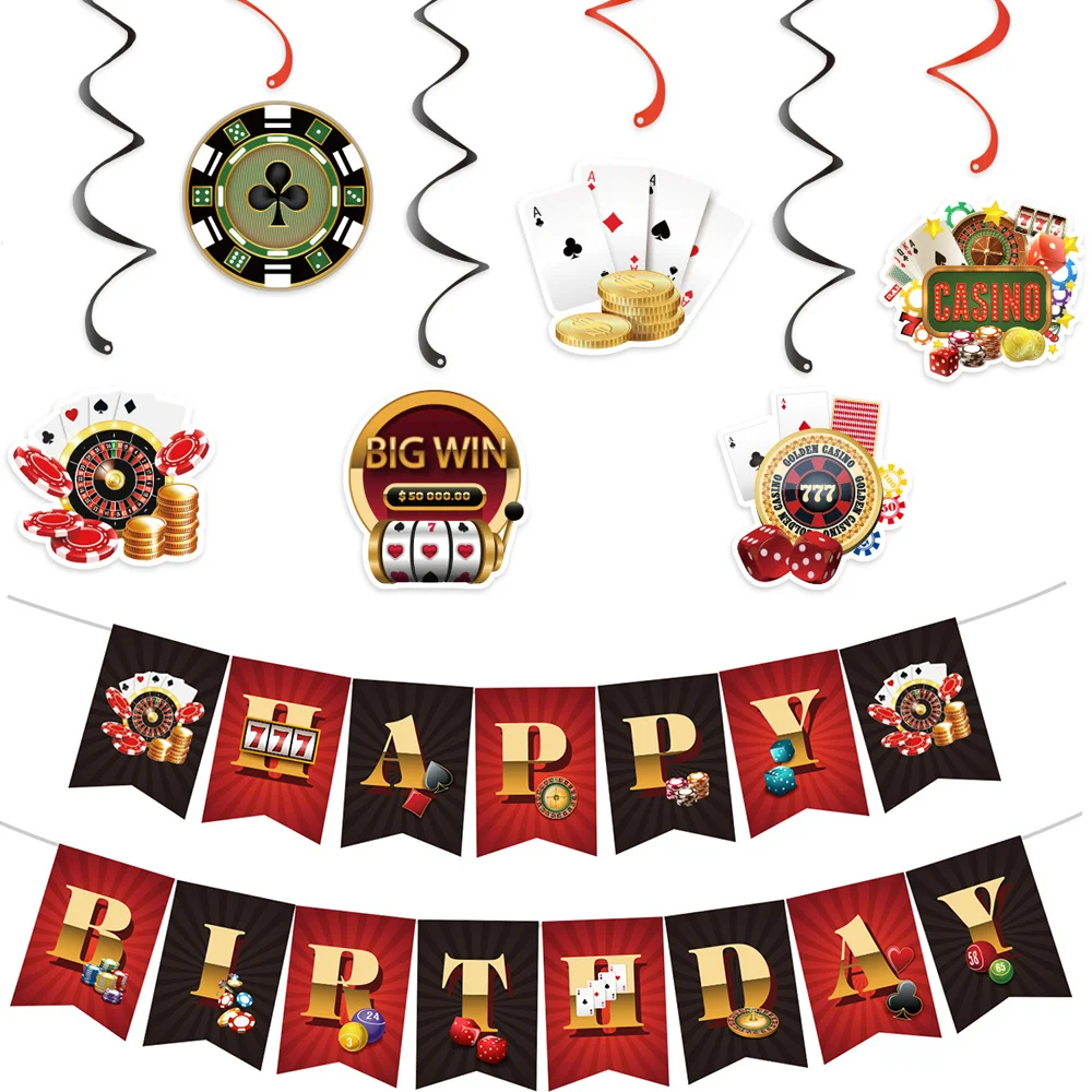 

Casino Theme Birthday Party Decor Banner Poker Casino Hanging Swirl Decorations Poker Table Toppers Casino Poker Party Supplies