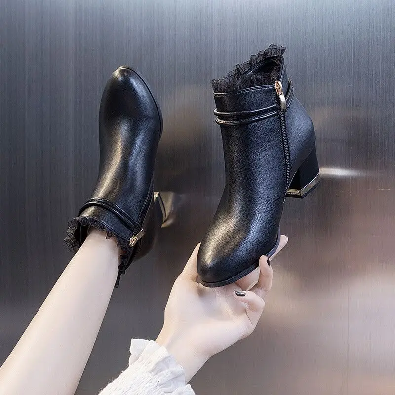 

Female Short Shoes Leather Warm Black Rhinestone Women's Ankle Boots Fleece-Lined Comfortable and Elegant New Rock Chic Booties