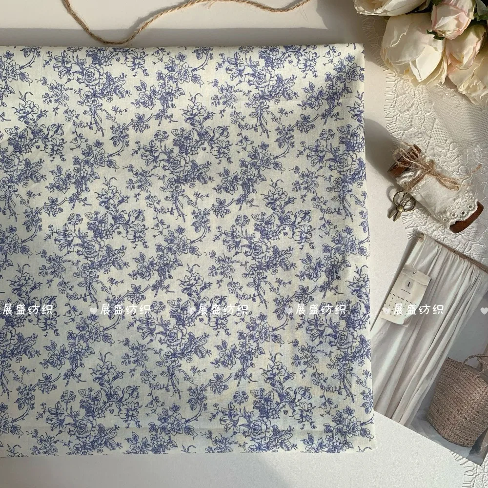 140x50cm 40s 100% Baumwolle Bedruckter Stoff im Ins-Stil Minimalistischer Frischer Blauer Blumenstoff für DIY Haargummis, Taschen, Kleidung und Handarbeiten – Detail 5