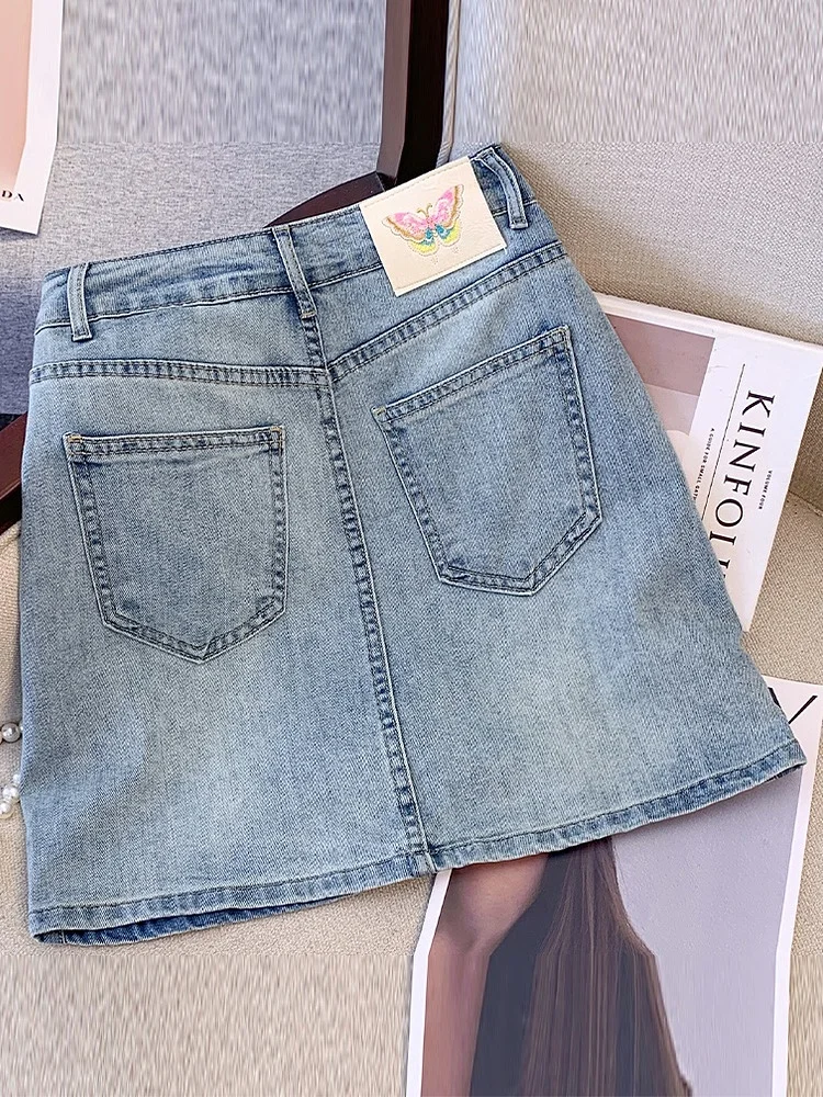 Fashion Women Flower Embroidery Denim Skirt 2025 Summer High Waist Blue Wrap Hip Jean Short Skirt Chic Spice Girls Skirt