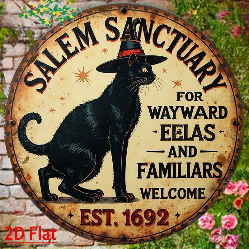 2D Flat, Retro Wooden Witch And Black Cat Welcome Sign, - Mysterious 