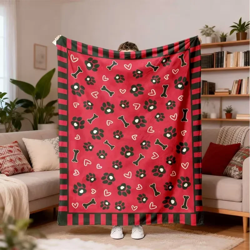 Red Dog Paw Bone Heart Print Blanket Pet Lover Soft Warm All Season Cute Animal Decor Nap Blanket For Bedroom