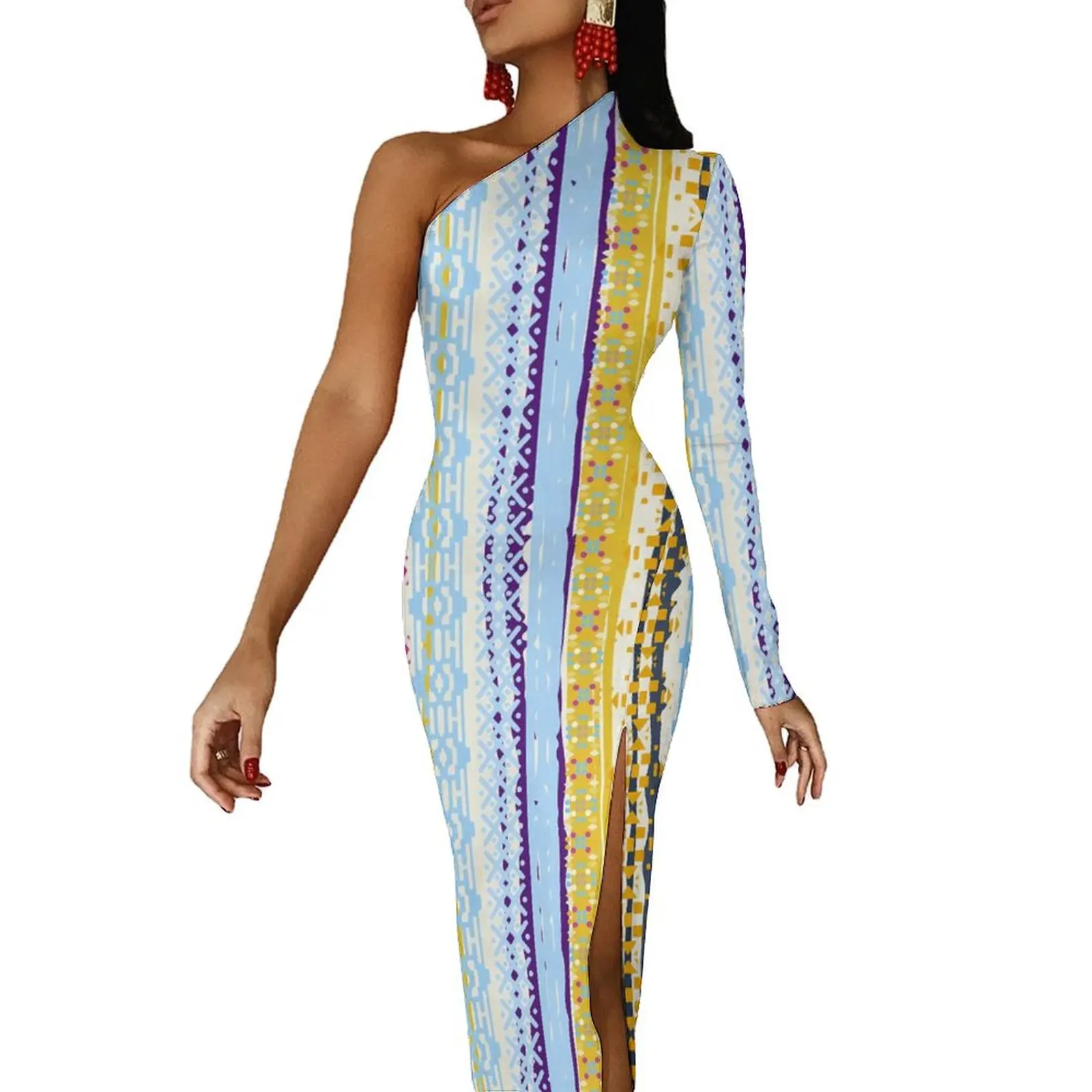 Boho estilo tribal bodycon vestido mulher abstrato étnico sexy maxi vestido de manga longa festa vestidos personalizados ideia de presente