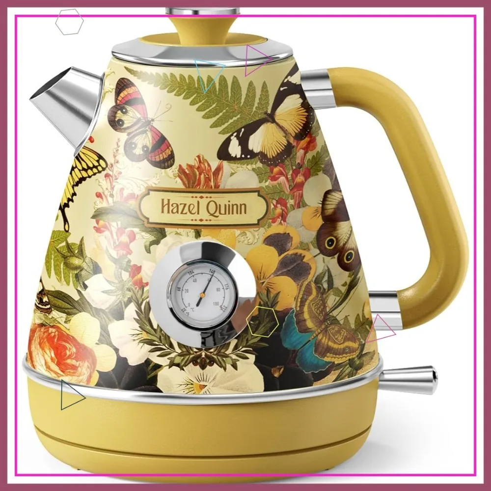 

Electric Kettle - 1200W Fast Boiling, 1.7L Stainless Steel, Auto Shut-Off, Cordless Retro Teapot with Thermometer Floral Pattern