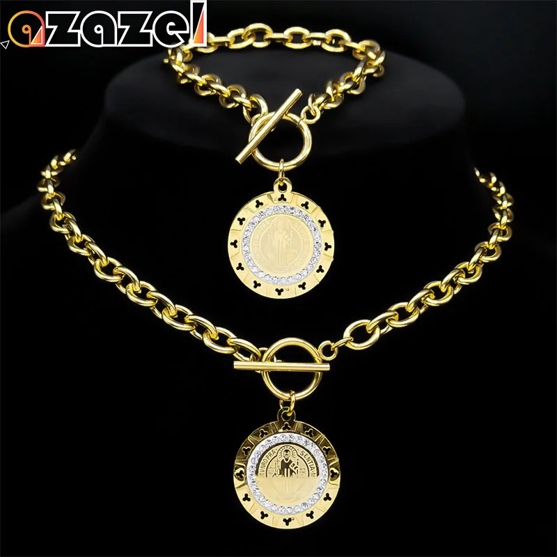 Stainless Steel Punk Saint Benedict Medallion Necklace Bracelet Set Stainless Steel Crystal Religious Jewelry San Benito N8245