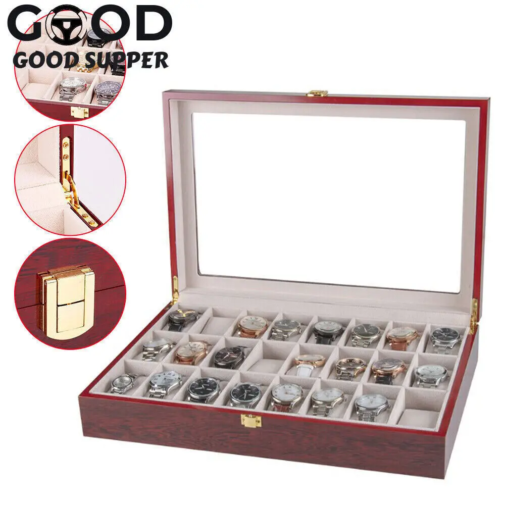 Watch Storage Box with 24 Slots, Mdf, Glass, Zinc Alloy Construction, Removable Pillows for Easy Cleaning and Protection