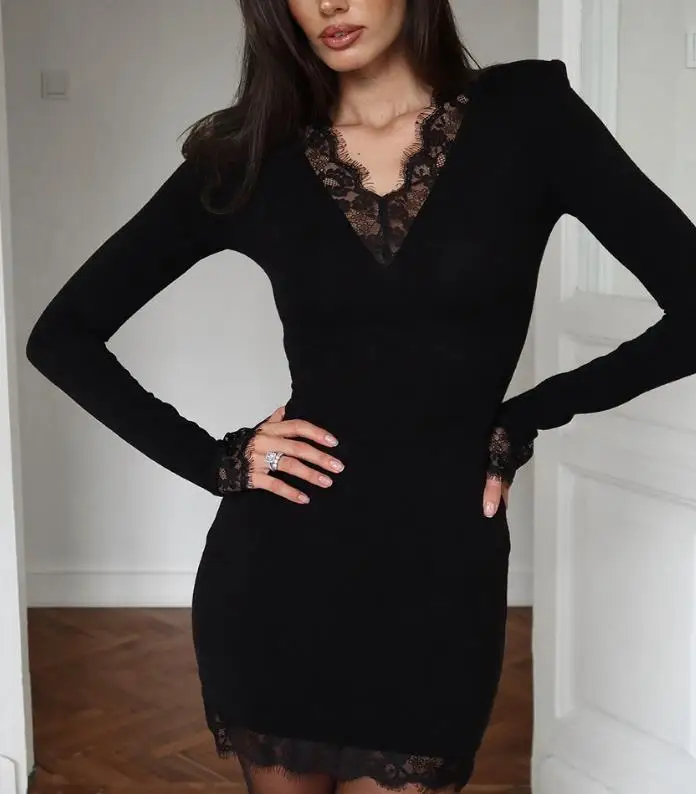 

Autumn and Winter V-Neck Lace Splicing Black Sexy Tight Milk Silk Butt Wrapped Skirt, Elegant Dress