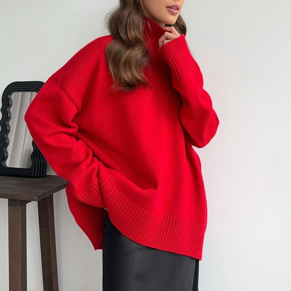 

Autumn Winter Solid Color High Neck Knitted Sweater Loose Slimming Fashionable Versatile Knitted Sweater for Women