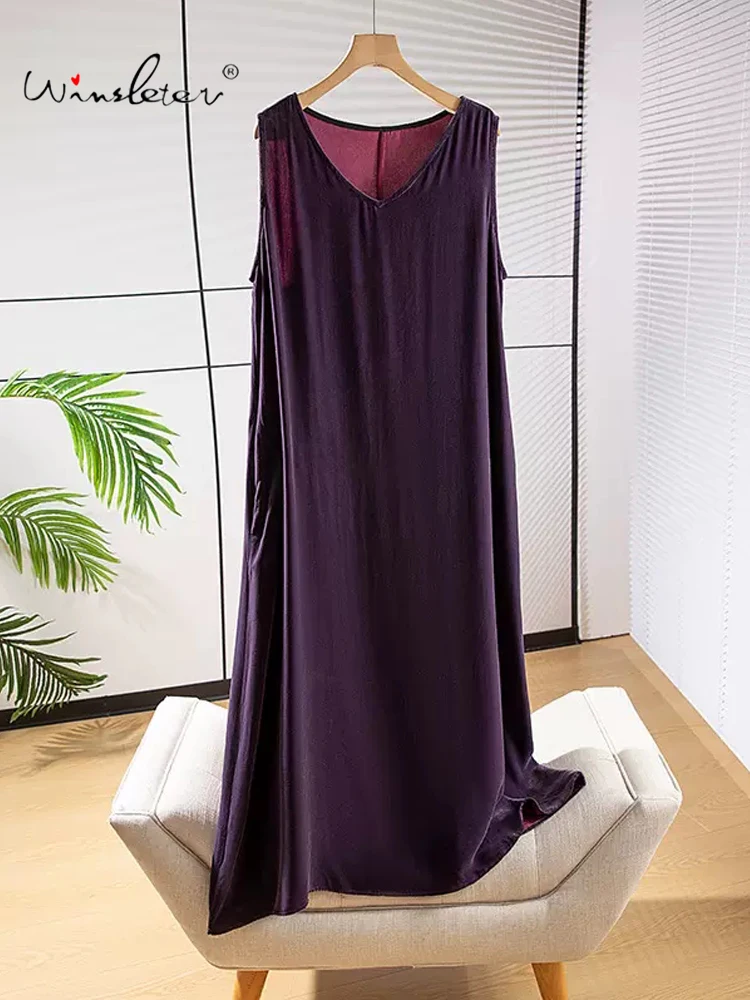 

Winsleter, 100%Real Silk Elegant Velvet Dress, Women Sleeveless V Neck Solid, Retro Loose A-Line Dress, Summer Autumn D48402QC