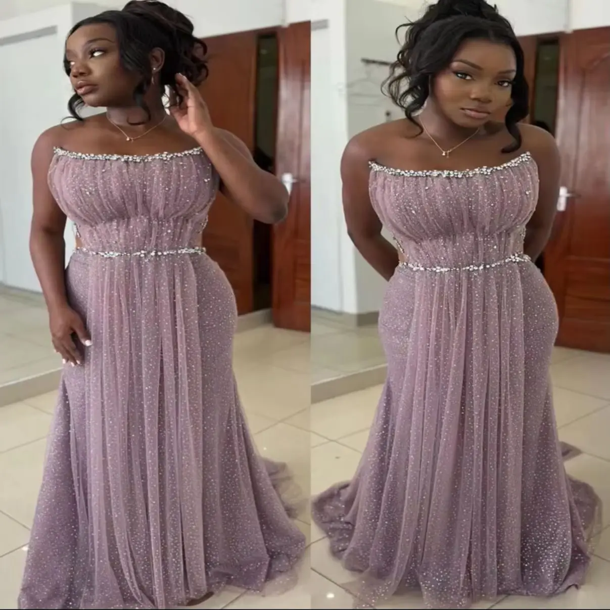 Romantic Mauve Mermaid Evening Dresses Shiny Promdress Rhinestones Strapless Prom Formal Party Bridesmaid Birthday Gowns Dress F