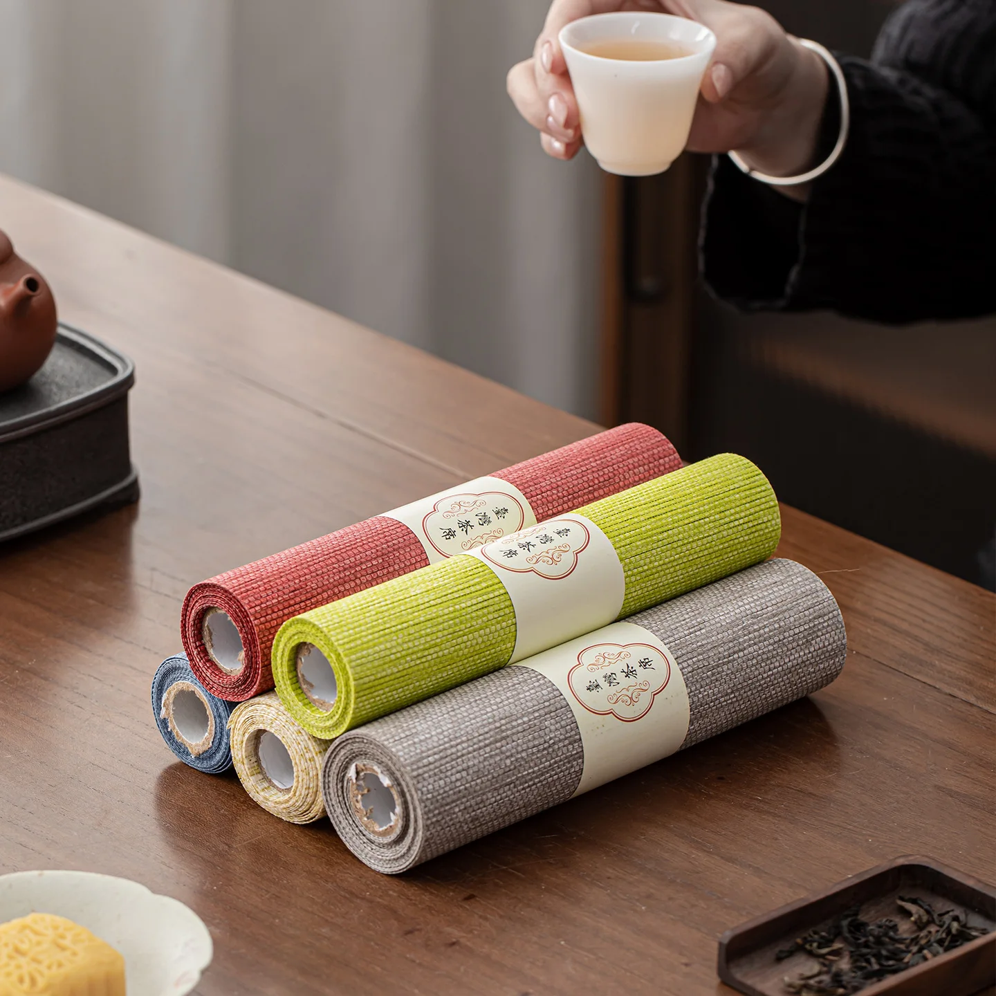 New Chinese-style Long Tea Mat Waterproof Tea Table Mat Woven Paper Solid Color Tea Table Pad Heat-insulating Kitchen Towel