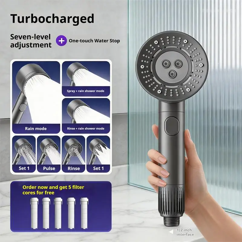 Dual-Turbocharged High Pressure Shower Head Shower Head,7 Modes Shower Head With Replacement Cartridges,Bathroom Accessories