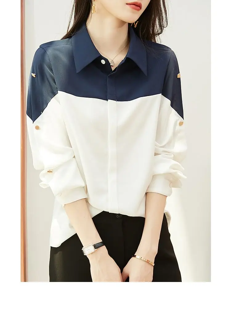 Early Spring New Color Blocking Simple and Comfortable Versatile Slimming Patchwork Long Sleeved Chiffon Shirt Top for Women