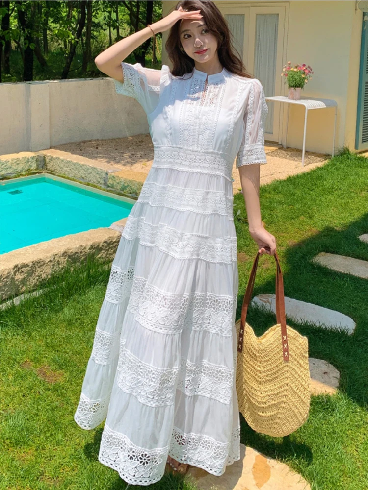 Beach Luxury Short sleeve Hollow out dress Women's 2024 Summer Elegant Lace patchwork maxi dresses Solid Vestidos INKEO 4D067