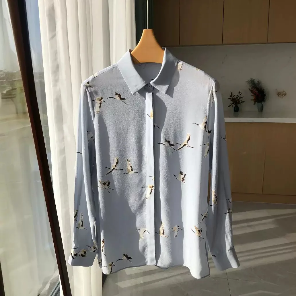 

Women's long-sleeved silk shirt with printed Chinese style lapel elegant ladies tops