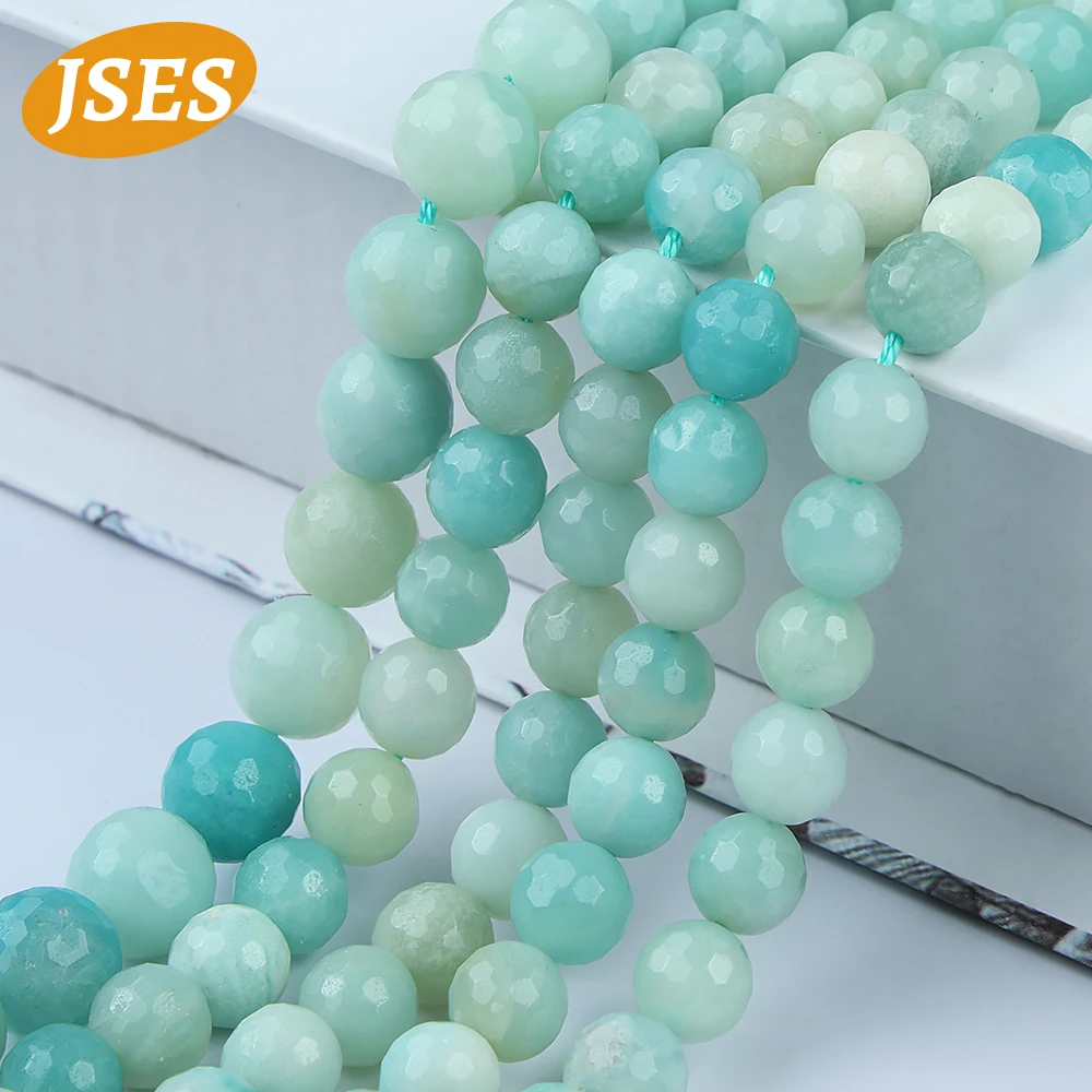 Natural Stone Blue Amazonite Faceted Round Loose Spacer Beads DIY Charms Bracelet Necklace for Jewelry Making 4/6/8/10mm 15 Inch