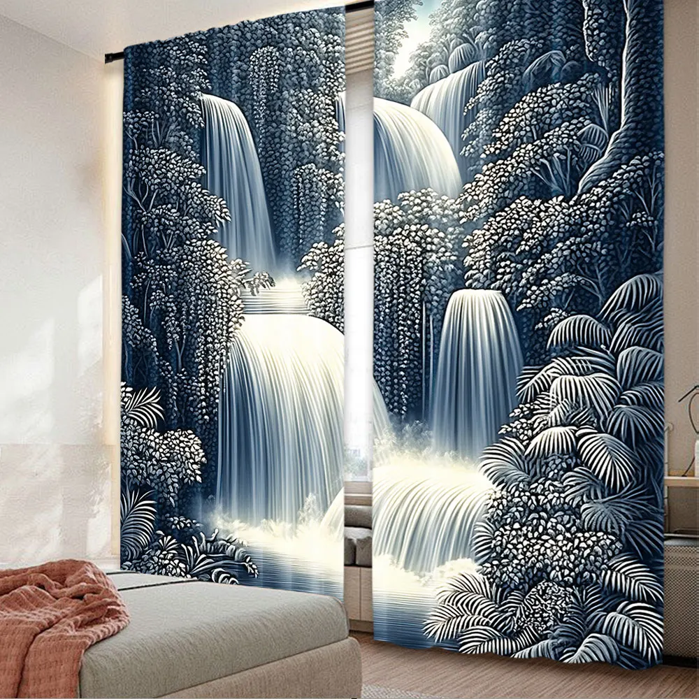 Rideau de paysage, 2 pièces, scène naturelle expressive avec cascade, arbres de forêt en Vintage, adapté à la chambre à coucher, salle de bains, salon