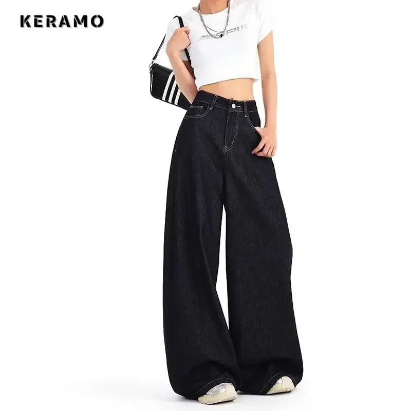 

American Retro High Waist Street Jean Grunge Hip-hop Baggy Pockets Pants Women's Black Casual Y2K Washed Punk Denim Trouser