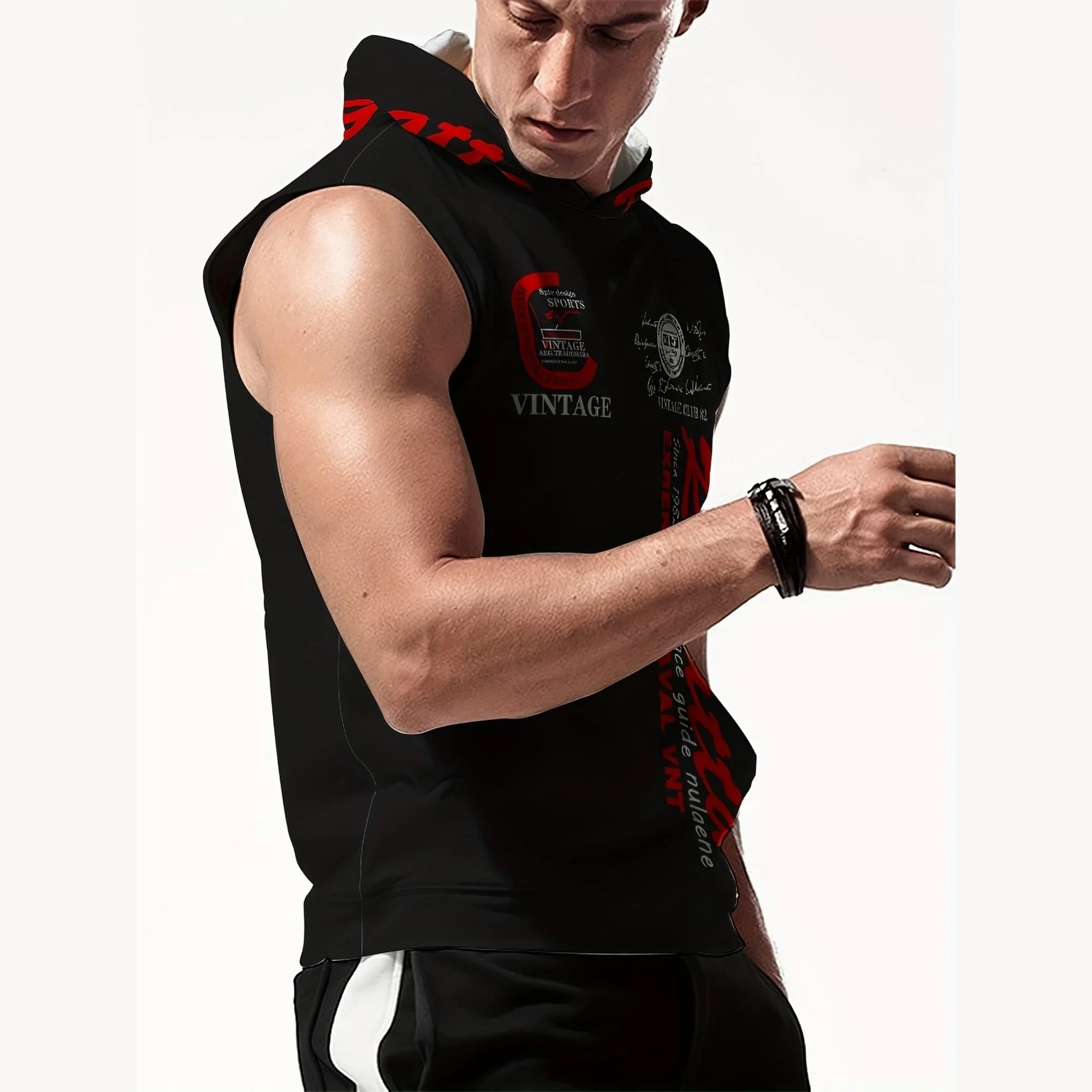 Herren Locker Sitzendes Kapuzen-Tanktop mit 3D-Digital-Buchstabendruck, Schnelltrocknendes Atmungsaktives Ärmelloses Hoodie für Wandern, Workout und Outdoor-Sport – Detail 6
