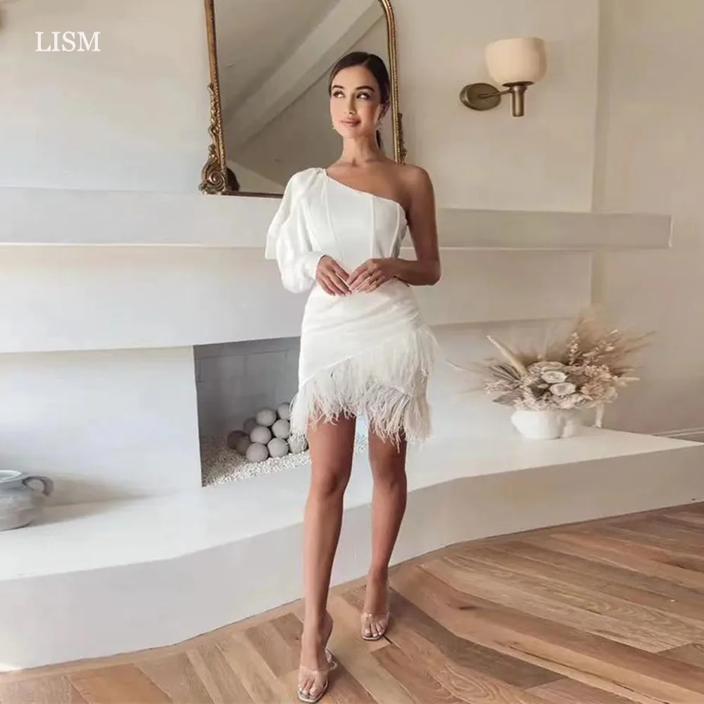 LISM Elegant Satin Mini A-Line Wedding Dresses Feathers Long One Shoulder Short Bridal Gowns Robe de mairage Formal Dress Custom