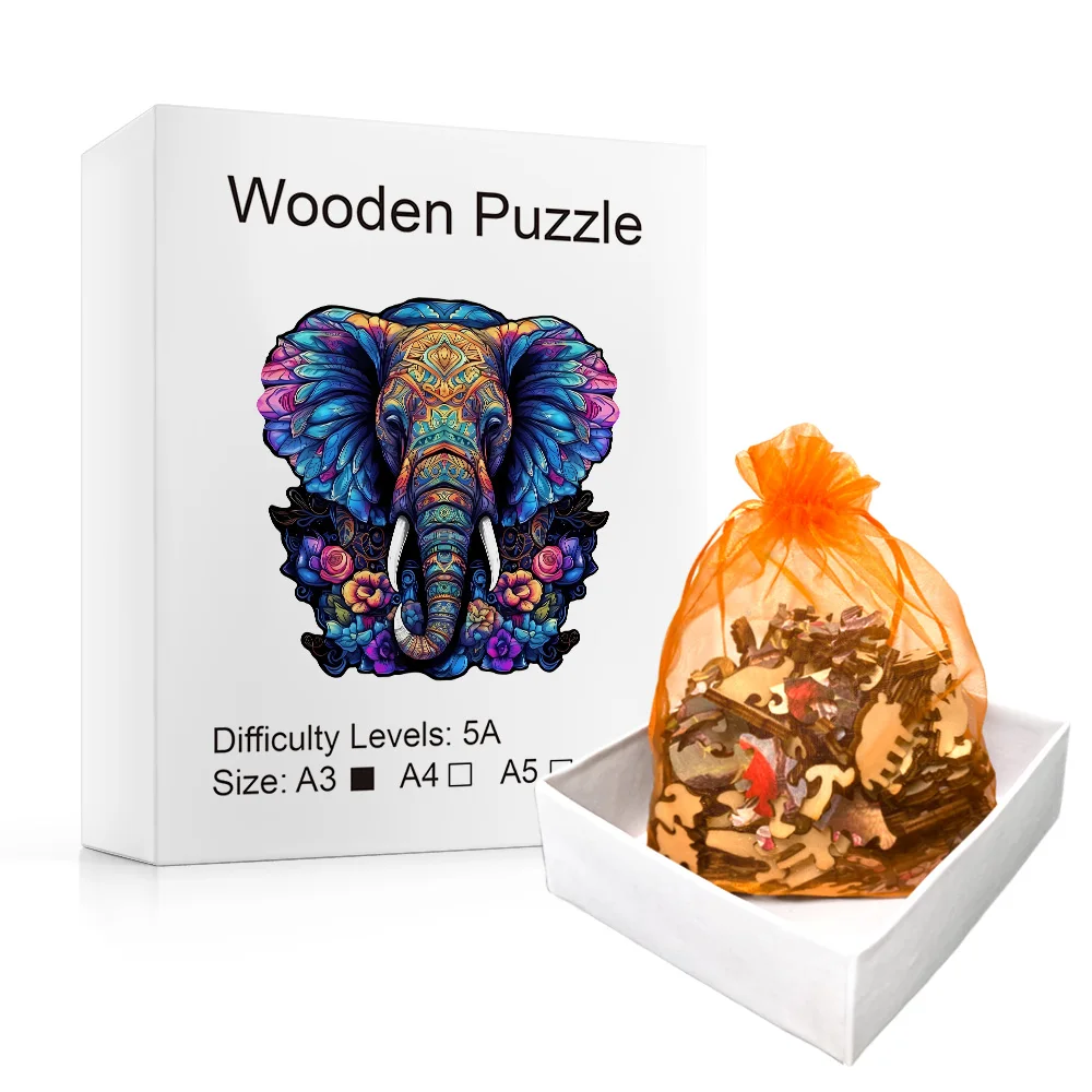 Mandala Elephant Drewniane puzzle w kształcie zwierzątka, magiczne puzzle o wysokim stopniu trudności, drewniane puzzle w kształcie nieregularnego zwierzęcia