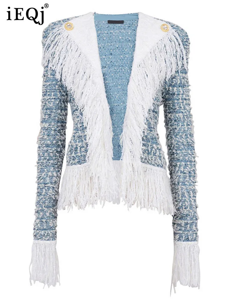 IEQJ Tassel Tweed V-neck Slim Knitted Coat Women 2025 Spring Contrast Color Elegant Long Sleeve Diamonds Cardigan Female 3WM2729