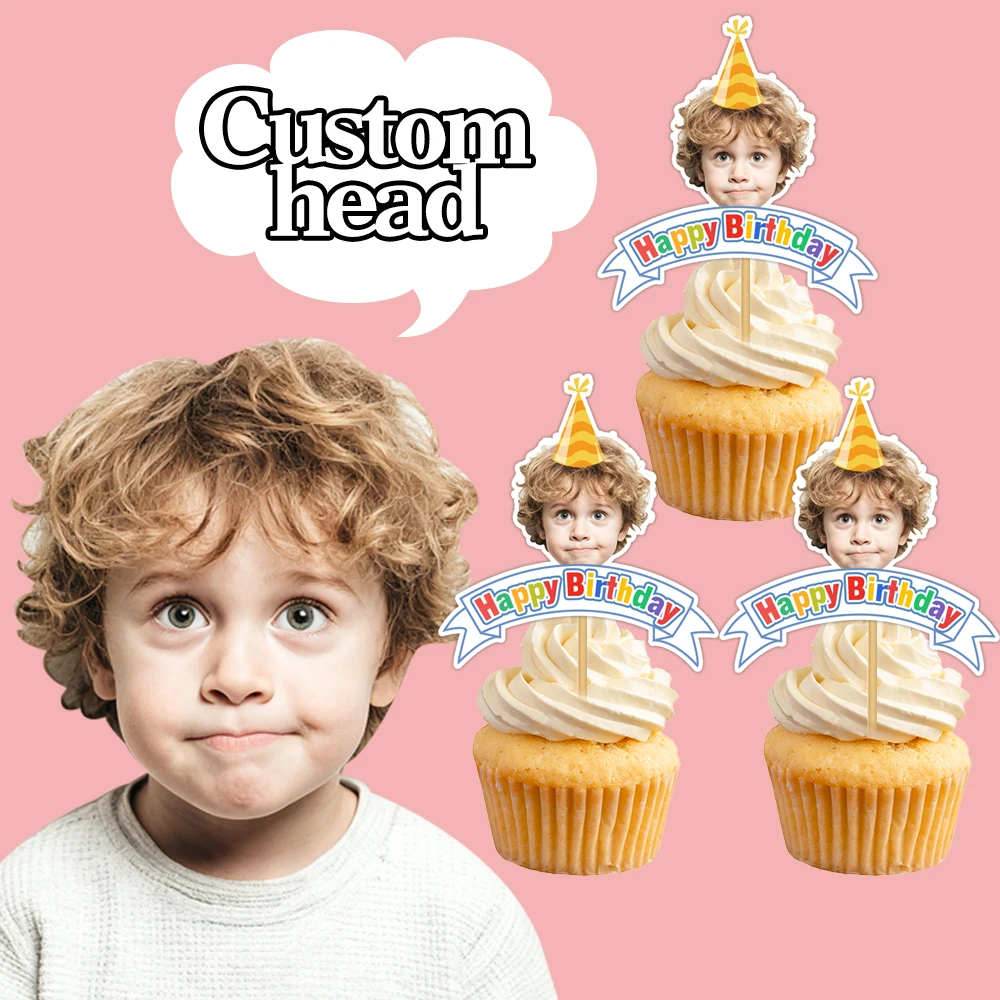 6/12pcs custom photo happy birthday cake topper, Personalized birthday hat design, suitable for kids birthday parties decor