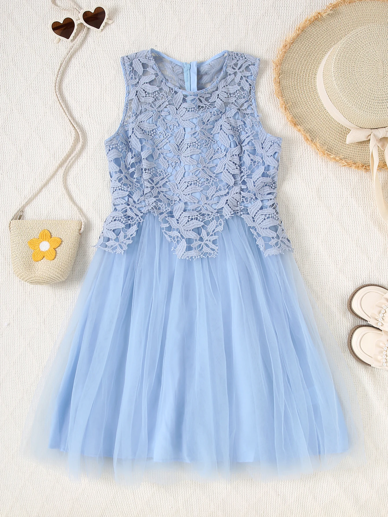 Summer Hollow Lace Sleeveless Mesh Patchwork Teenage Women's Casual Outdoor Solid Color Dress