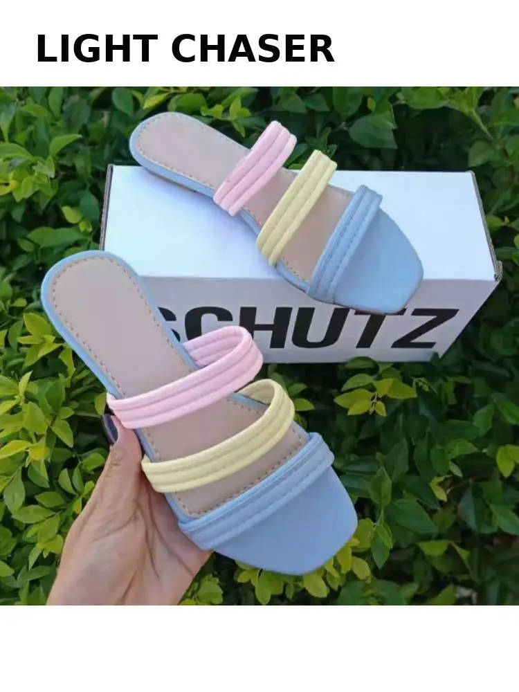 2022 Summer New Style Flip-flops Square Head Flat Bottom Simple Color Matching Beach Slippers Women's Fashion Outdoor Sandals