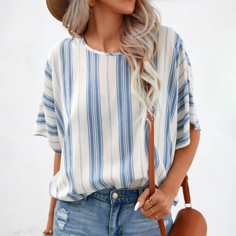 

Женская рубашка больших размеров, свободный повседневный пуловер с полосатым принтом, модная элегантная рубашка для отпуска с круглым вырезом и рукавами средней длины
