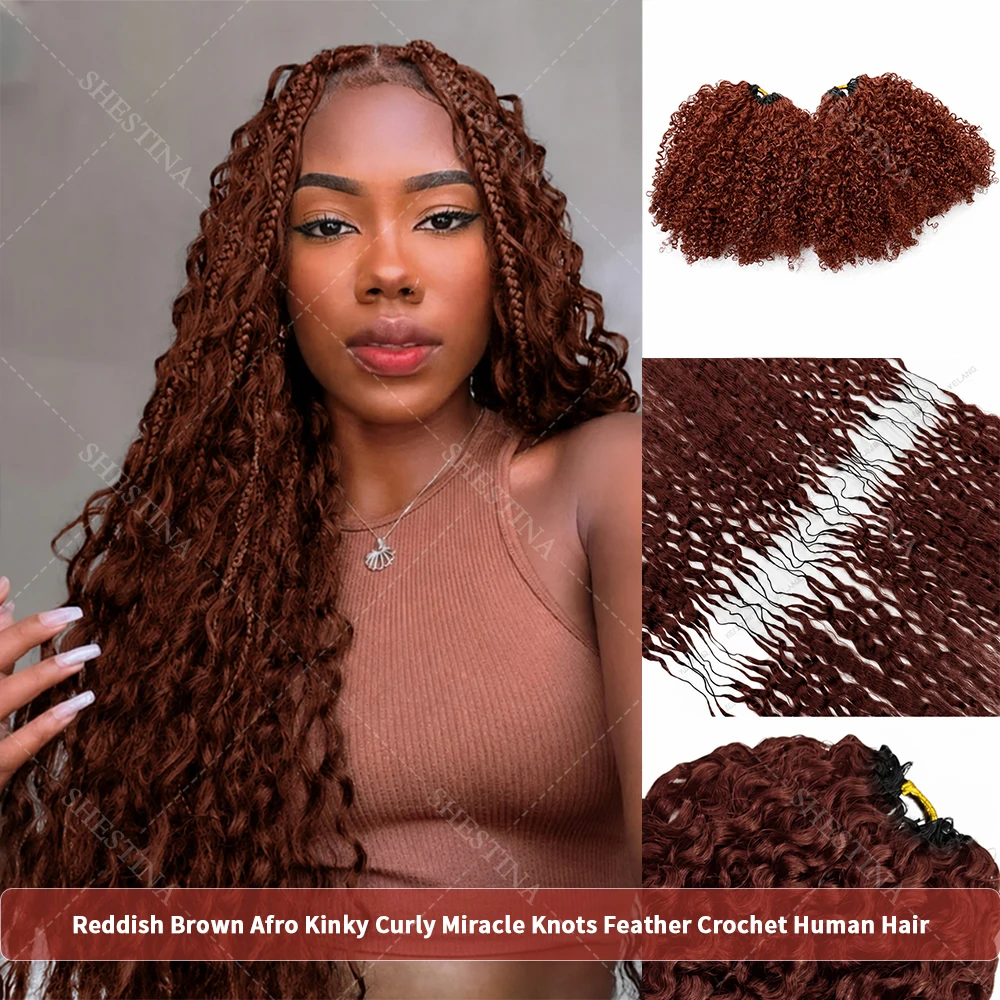 Extensions de cheveux humains 100% naturels, 15A Afro Kinky Curly Miracle Knots Crochet # 33 mèches de plumes roux-brun pour tresses bohèmes