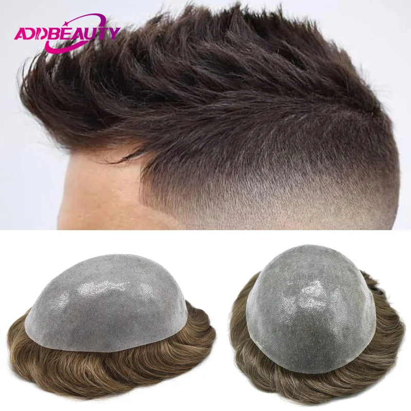 Vloop Men Toupee 100% Human Hair Wigs Thin Skin Injection Men's Capillary Prosthesis Full PU 0.01cm Durable Natural Hair System