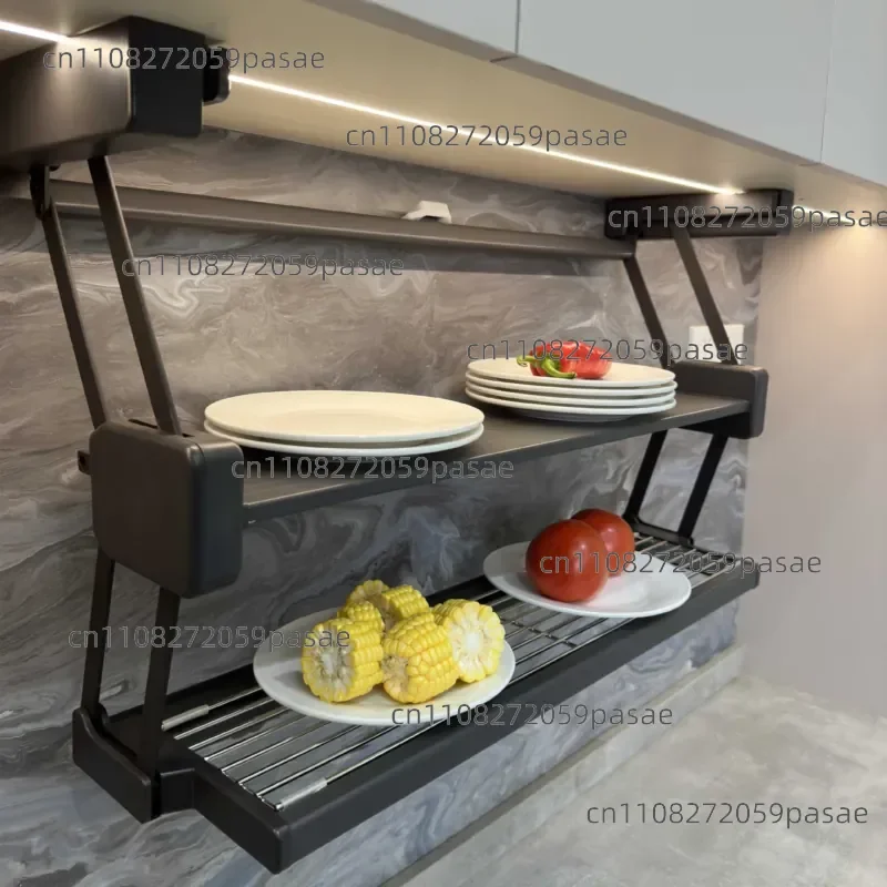 Wall cabinet folding rack pull-down double-layer lifting and retractable dish preparation seasoning dish storage storage food