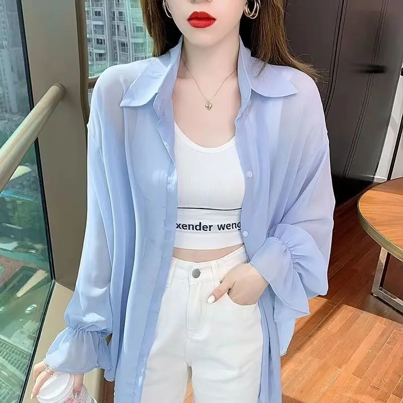 

Летняя ультра-нежная однотонная шифоновая рубашка с длинными рукавами-колокол, женская солнцезащитная одежда, универсальный открытый кардиган