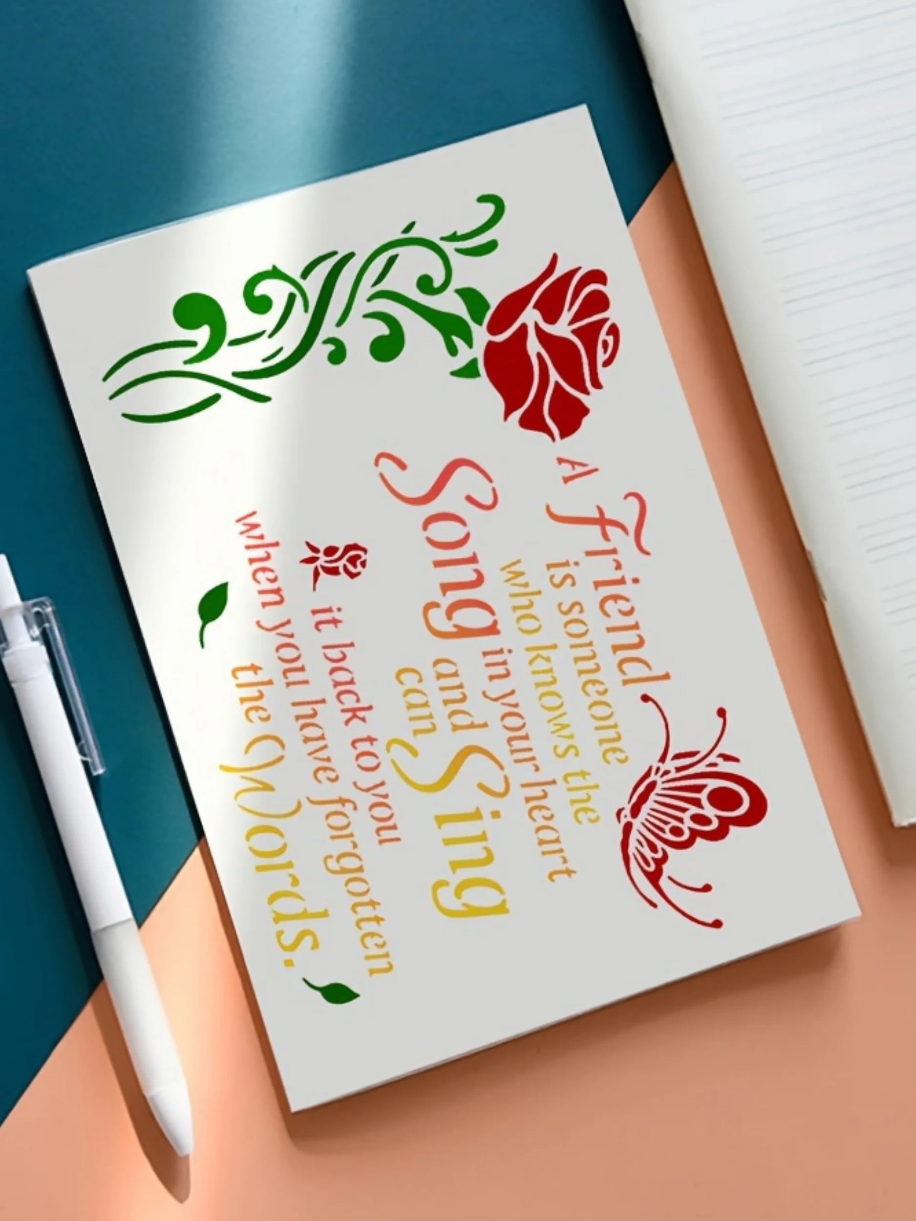 Pochoir PET avec citation d'amitié, lettrage réutilisable, papillon et décoration florale pour la maison, bricolage