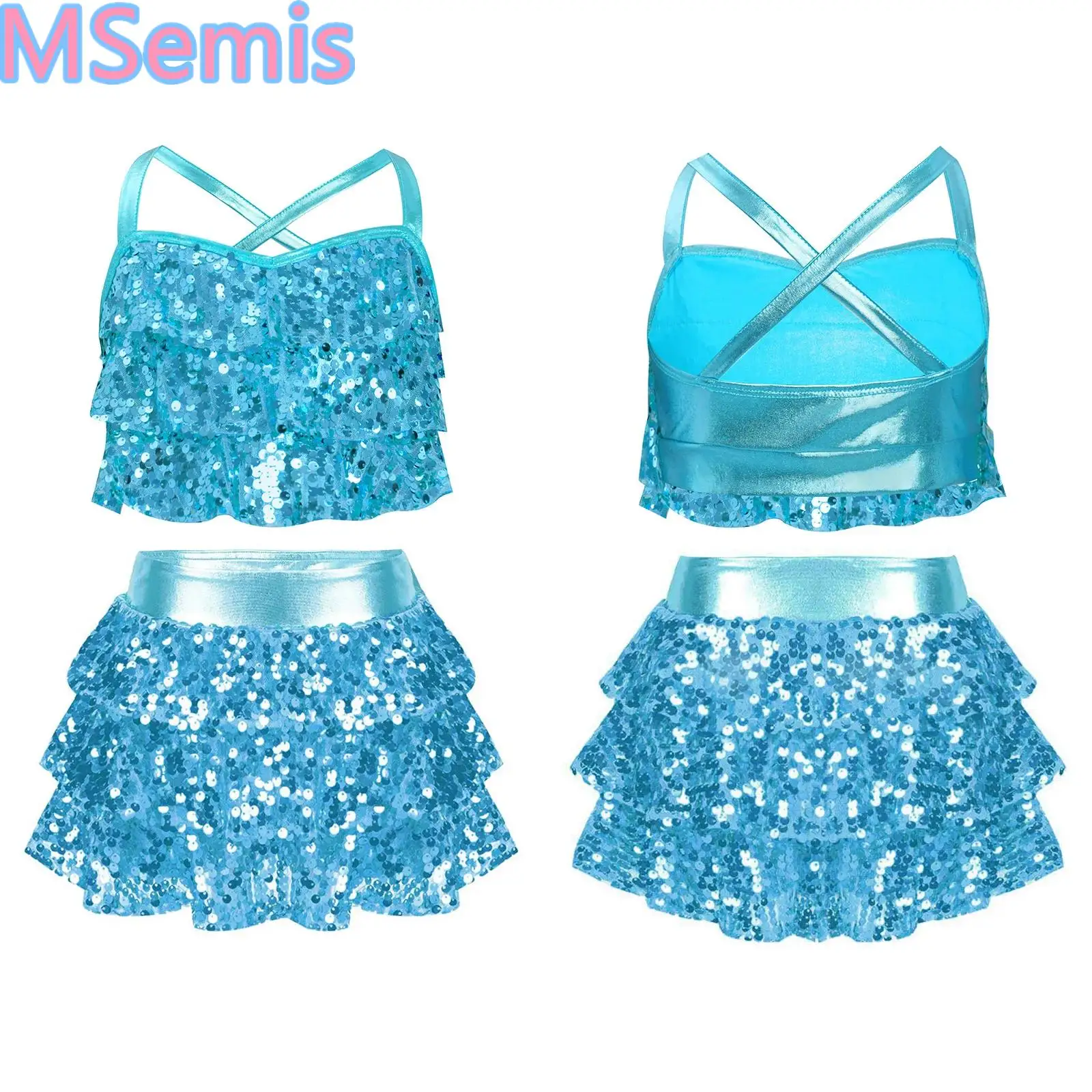 Kids Girls Glittery Sequins Dance Sets Tiered Ruffles Cross Back Metallic Crop Top with Culottes for Jazz Performance Costume