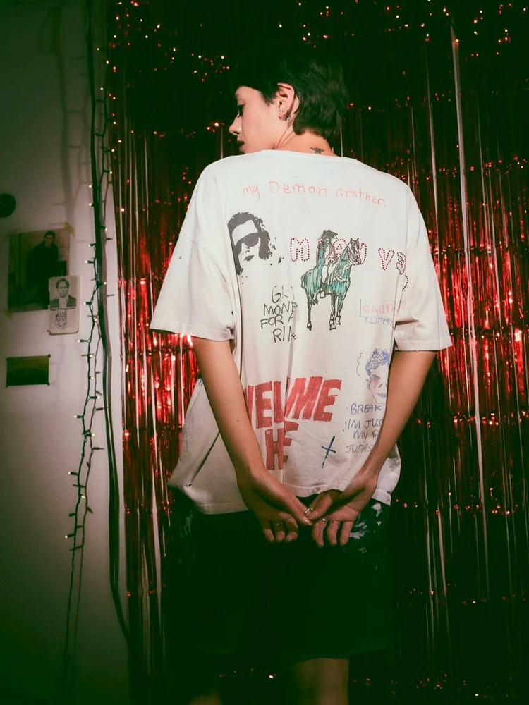 

HA7MS PALY fiti Diamond Loose T-irt Street Sle Couple Trendy Worn-Out Top Breathable Comfortable ort Sve round Ne