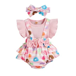 Baby Girls Outfits Set Fake Two Piece Suspender Bowknot Patchwork Donut Flower Printed Ruffle Triangle Romper with Headband