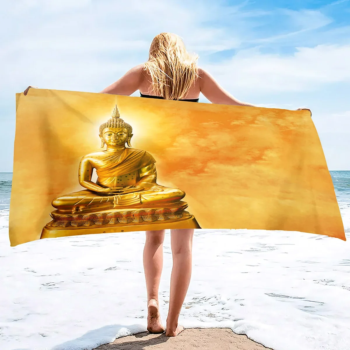 Golden Buddha Print bath towel - Soft Microfiber for Travel, Pool & Spa - Ideal Gift for Serenity and Meditation Enthusiasts